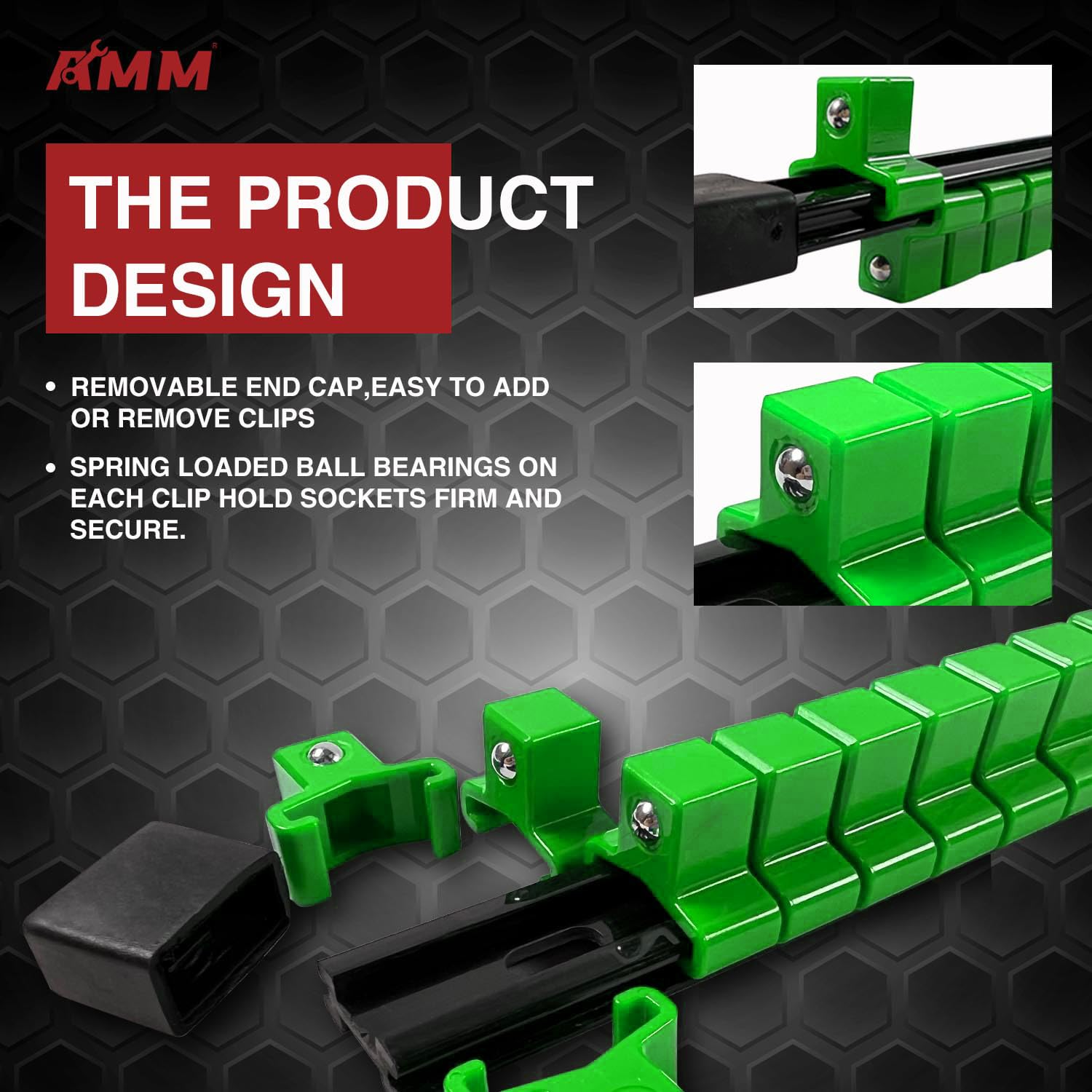 AMM 3/8-inch drive socket rail arranges sockets for easy selection during mid-size tasks.