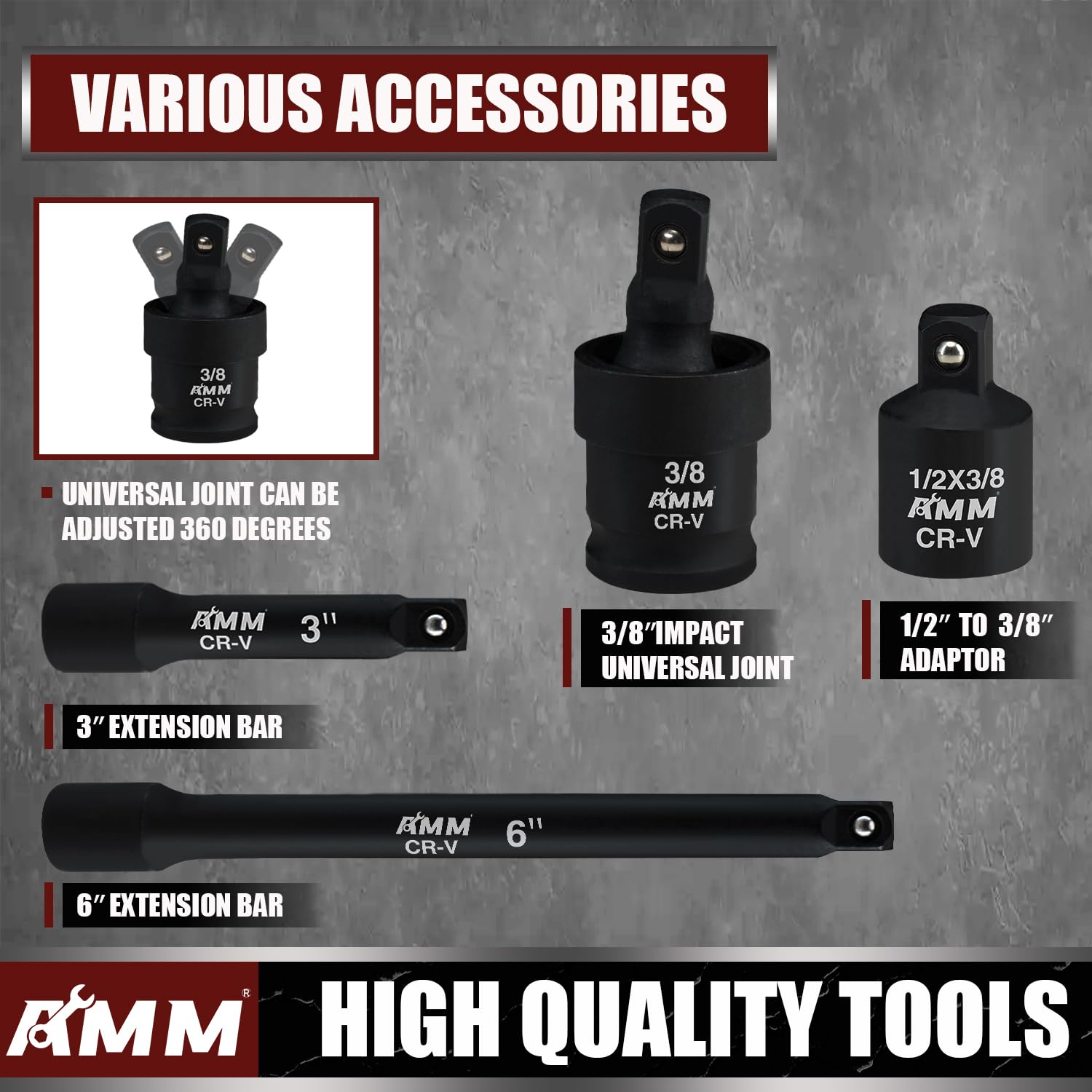 AMM 3/8-inch drive universal joint for flexible torque access.