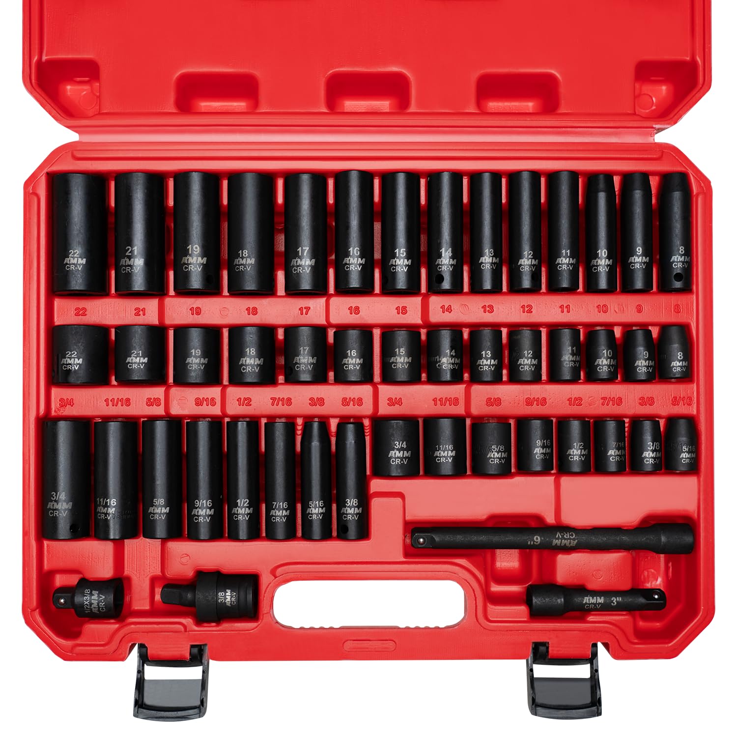 AMM 48-piece drive socket set with SAE and metric sockets for automotive maintenance.
