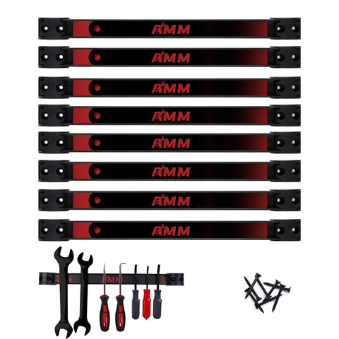AMM 8-piece magnetic tool strip mounted on wall for easy tool access.