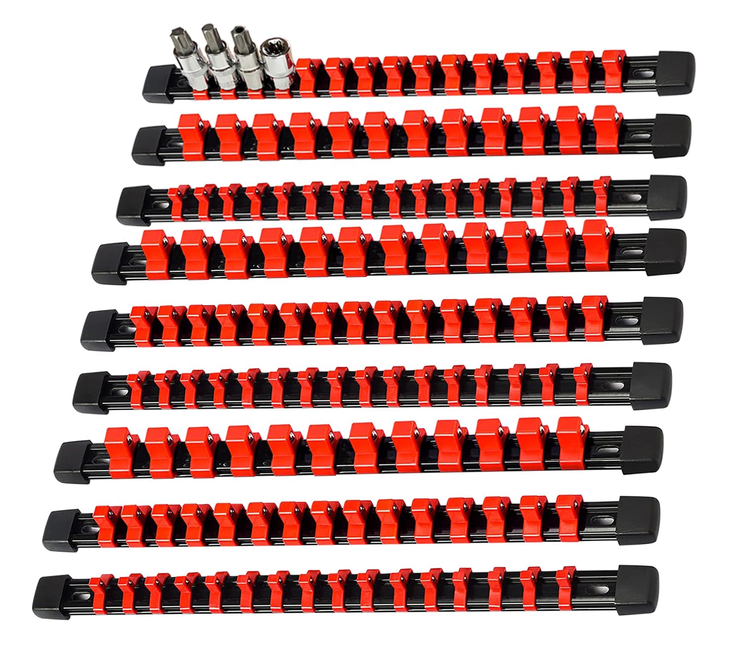 AMM 9-Piece Socket Organizer rail with 1/2-inch drive section for quick access.