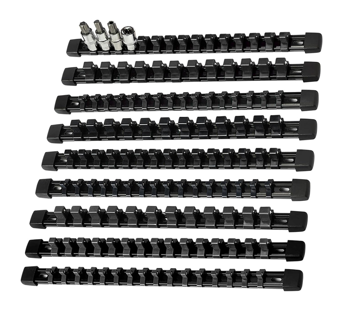 AMM 9-piece socket organizer with 1/2-inch drive rail for quick access.