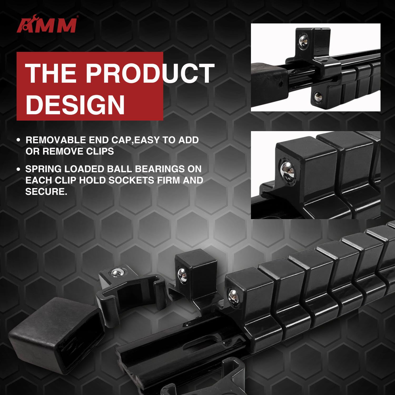 AMM 9-piece socket organizer for 1/4-inch drive keeps sockets tidy.