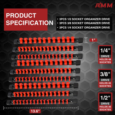 AMM 9-Piece Socket Organizer rail with 3/8-inch drive for efficiency.