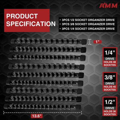 AMM 9-piece socket organizer with 3/8-inch drive rail for easy reach.