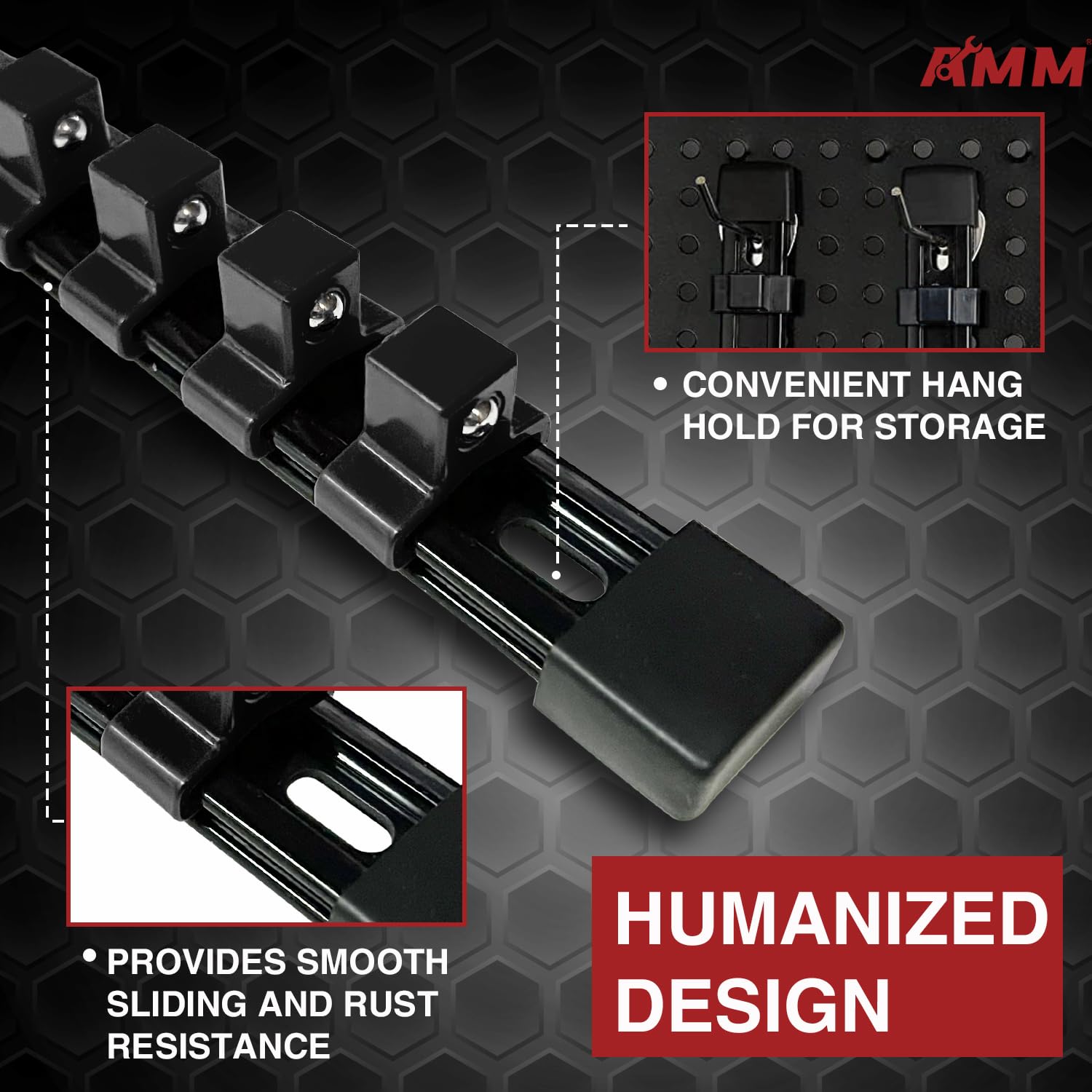AMM socket organizer in rugged ABS plastic boosts garage durability.