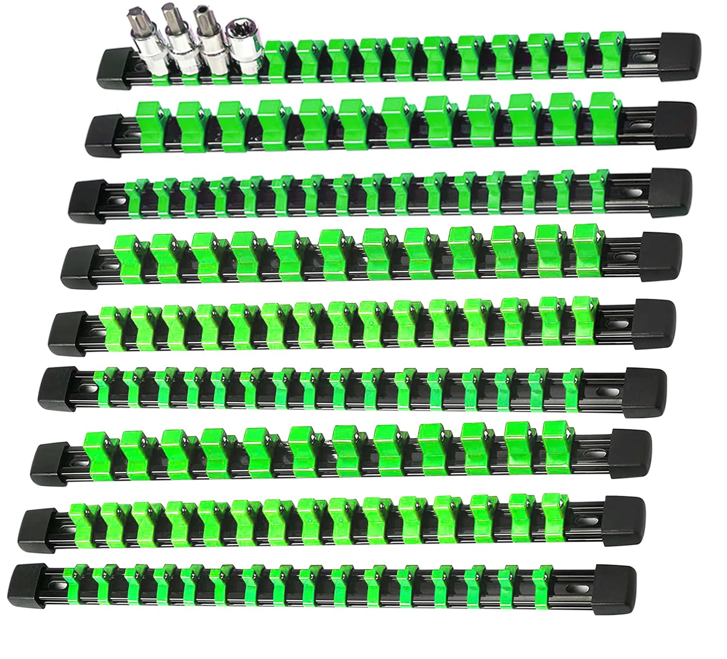 AMM 9-piece socket organizer rail keeps sockets neatly grouped for quick access.