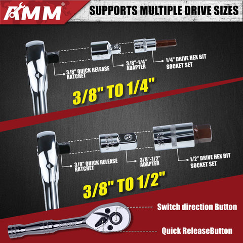 AMM drive sockets support 1/4, 3/8, and 1/2 drives for various fasteners.