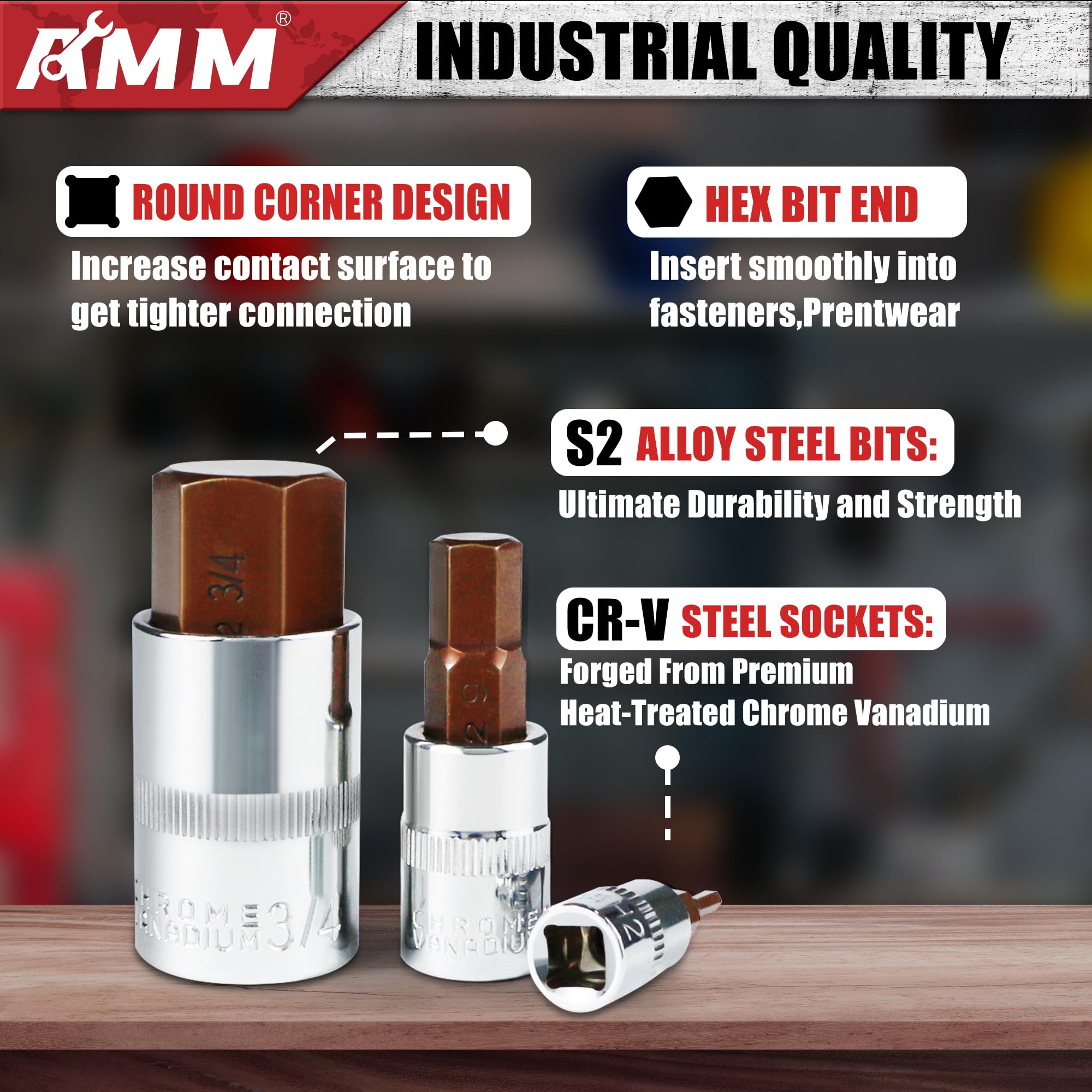 AMM drop-forged S2 alloy steel hex bits resist wear and provide durability.