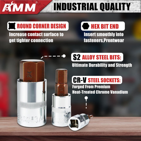 AMM drop-forged S2 alloy steel hex bits resist wear and provide durability.