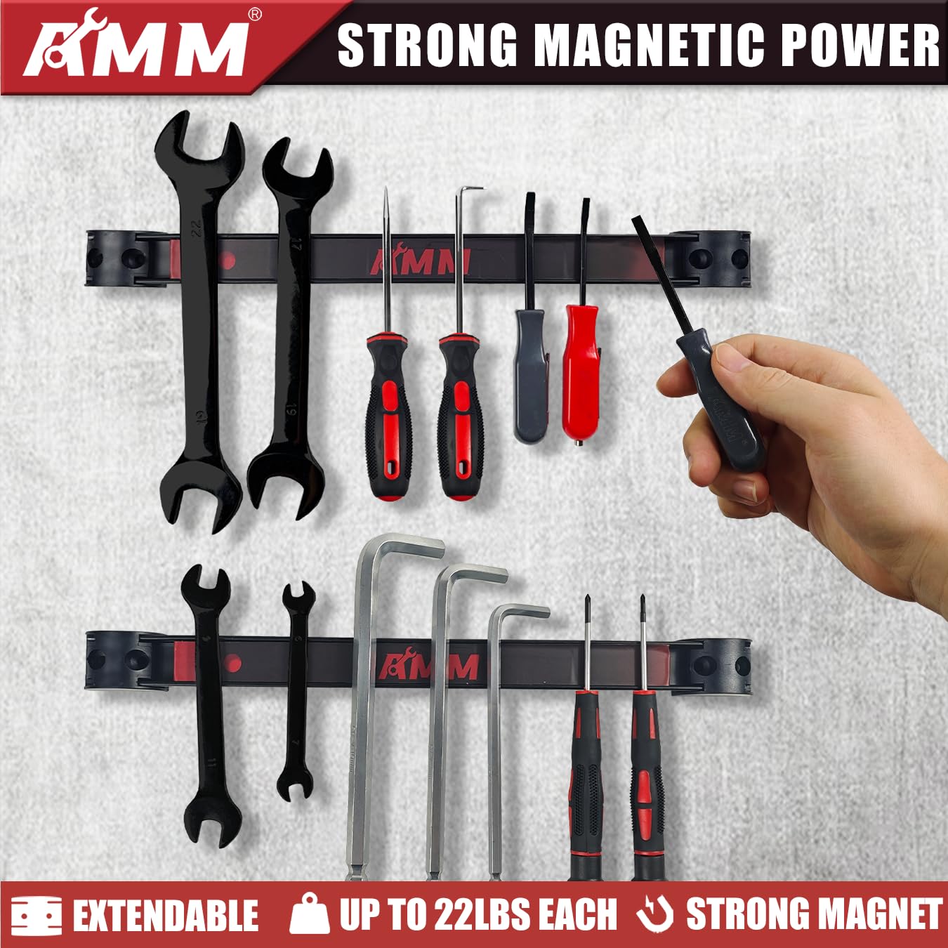 AMM magnetic strip in garage keeping pliers and screwdrivers organized.