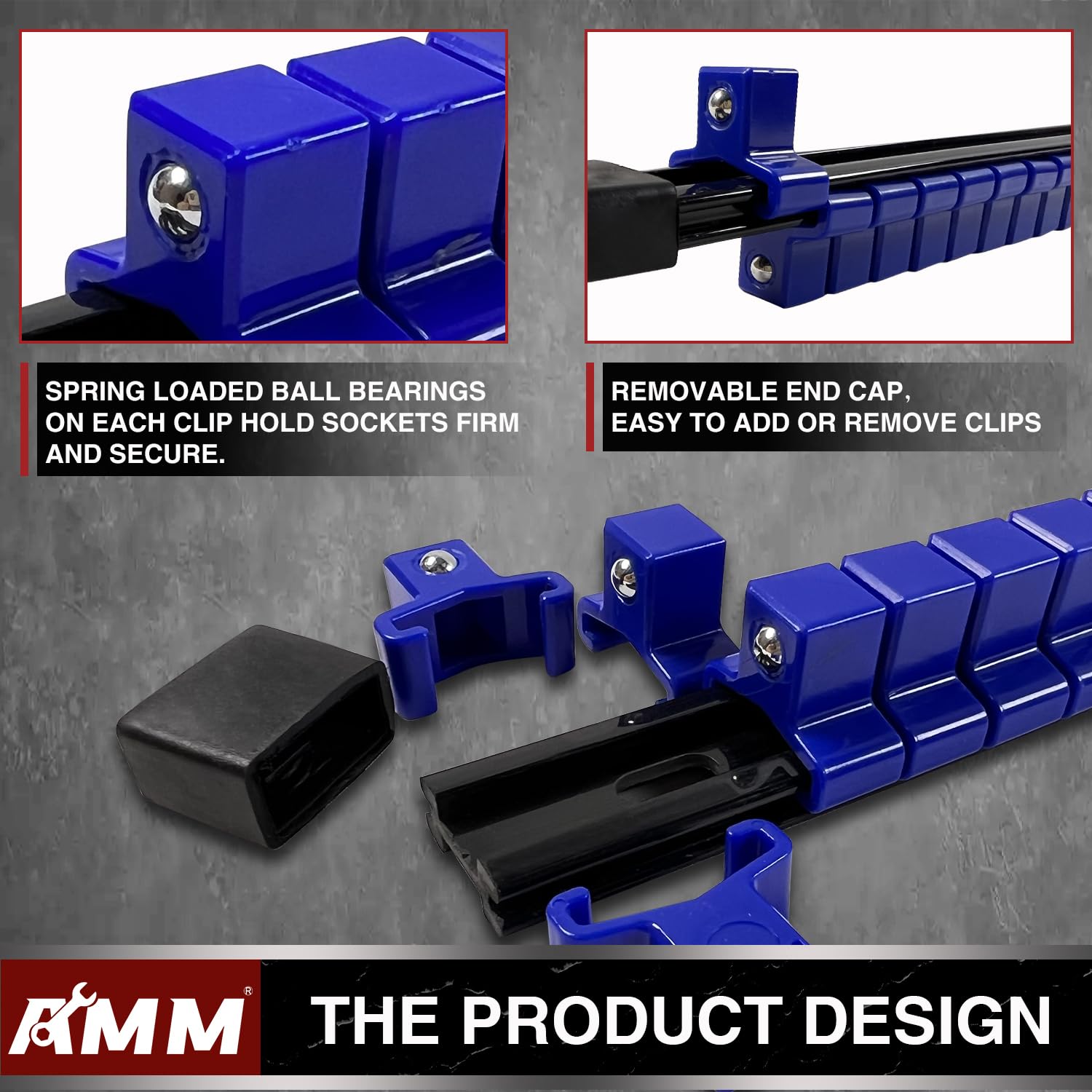 Removable end caps on AMM rail enable easy resizing and cleaning.