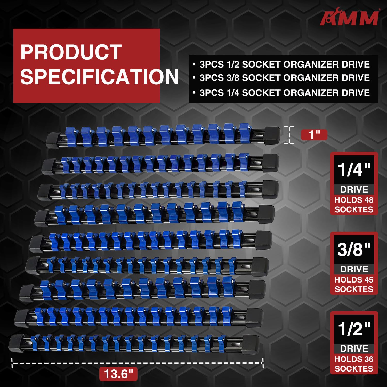 AMM socket organizer three-eighths drive rail ready for quick access