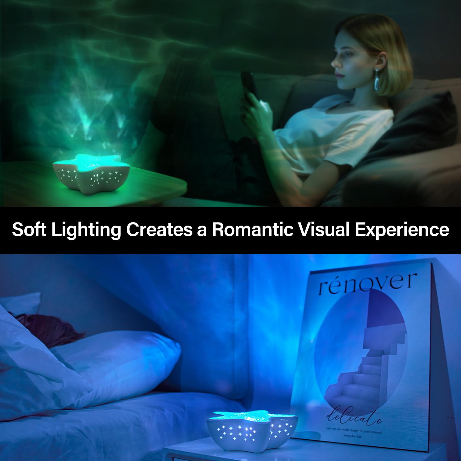 AmmToo Northern Lights Projector 2000mAh battery lasts hours of ambient light.