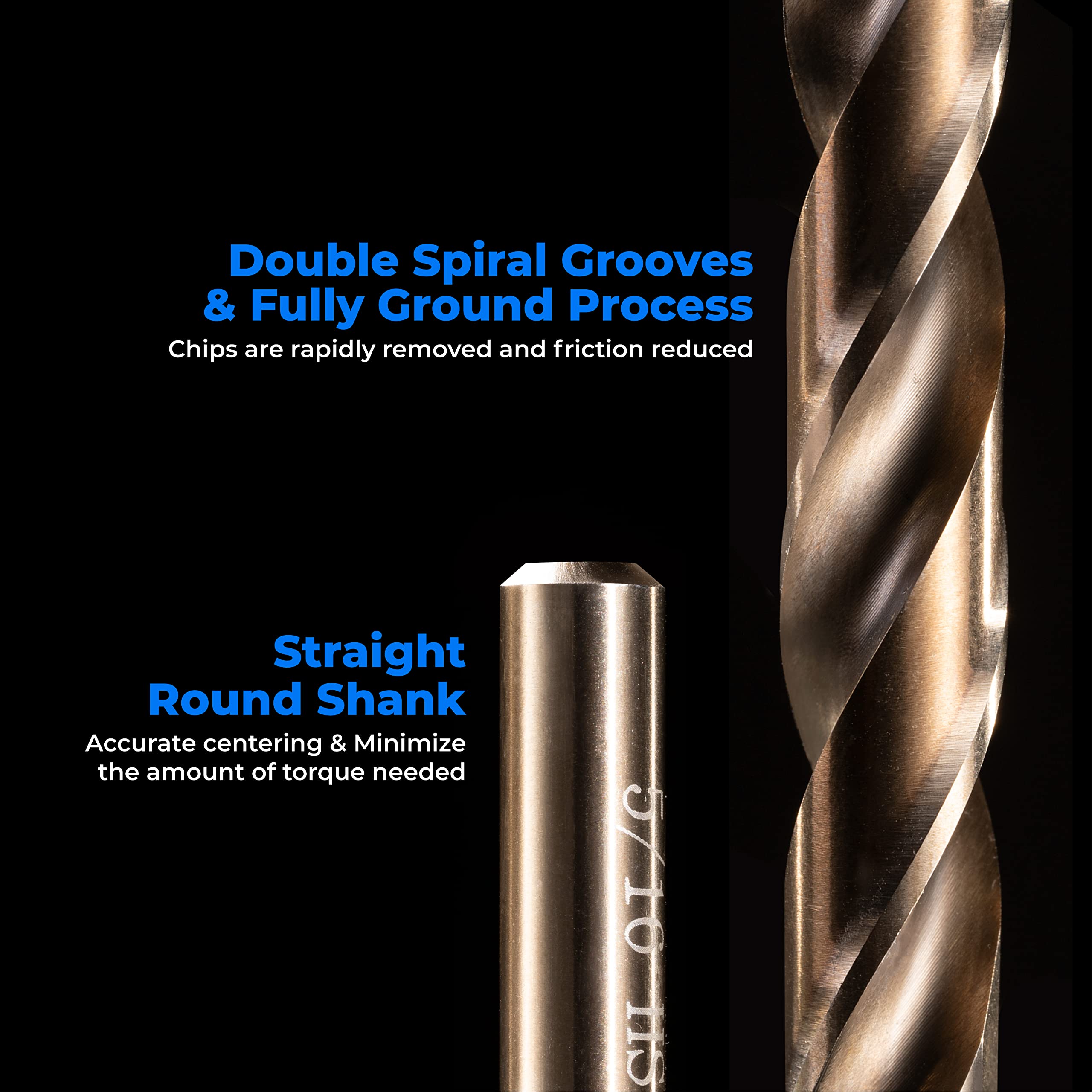 Amoolo cobalt drill bit 135-degree split point prevents walking for precise drilling.