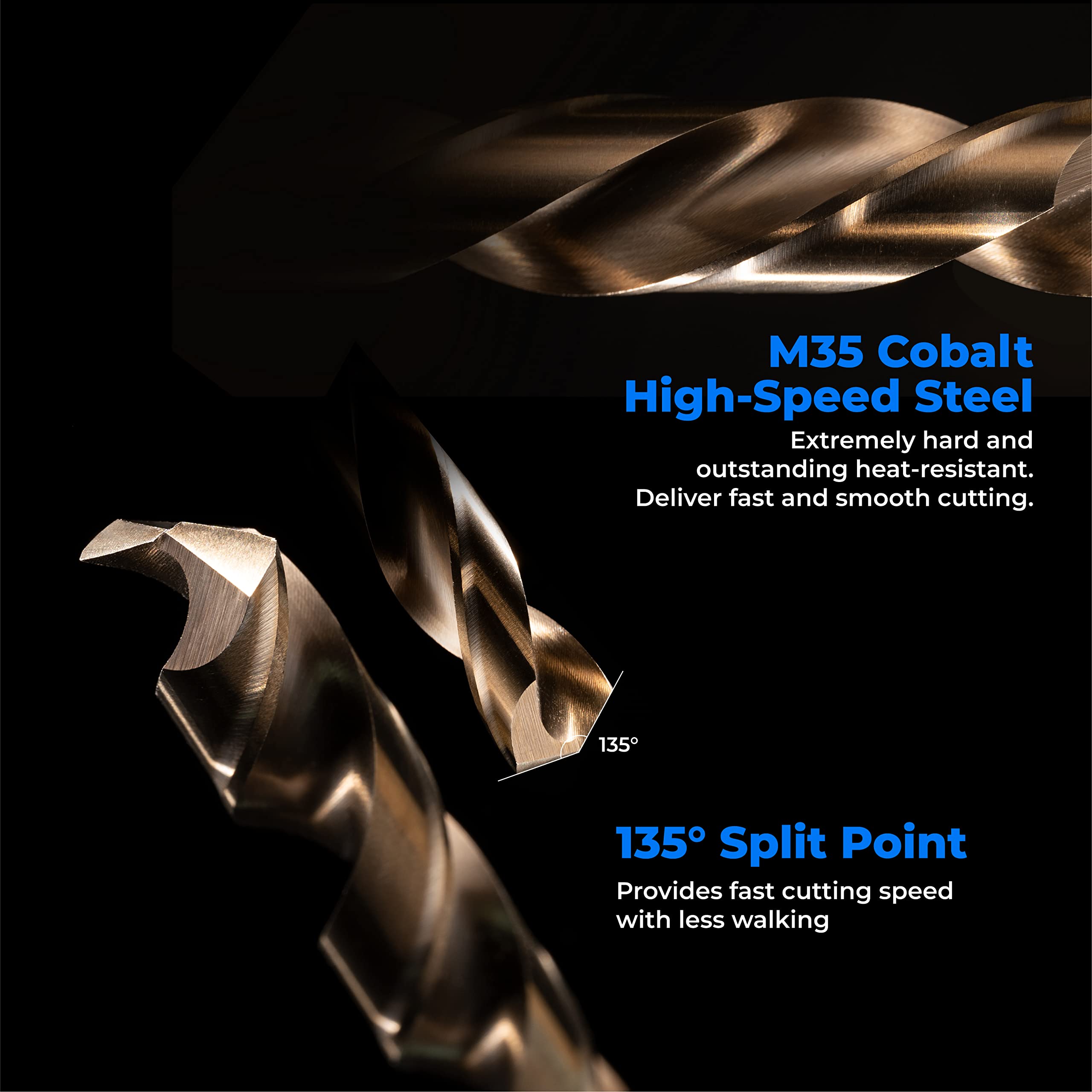 Amoolo cobalt drill bit 1/4 inch with fully ground process for smoother, cooler drilling.