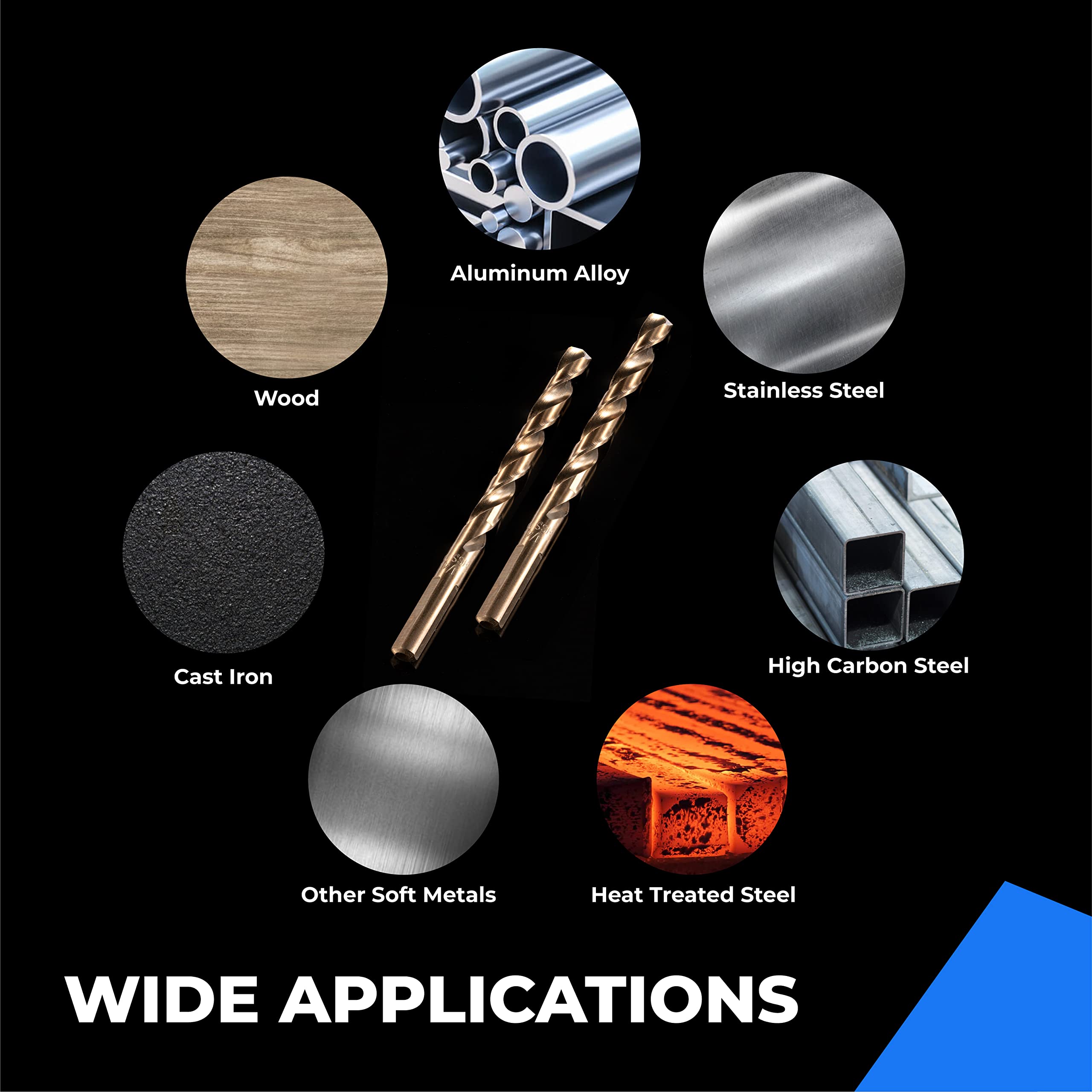 Amoolo cobalt drill bit set excels at stainless steel, cast iron, and aluminum projects.