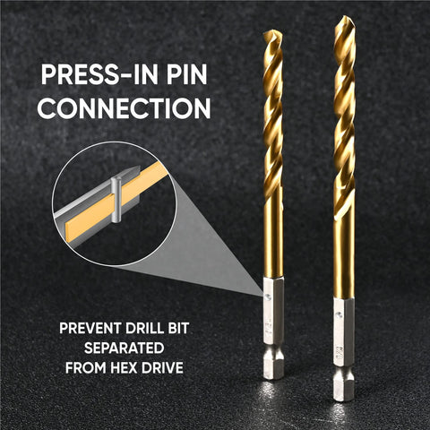Amoolo titanium HSS drill bits with 3/8-inch hex shank enable quick tool changes.