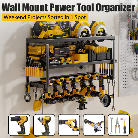 Amoowis heavy-duty metal tool rack during installation for garage organization.