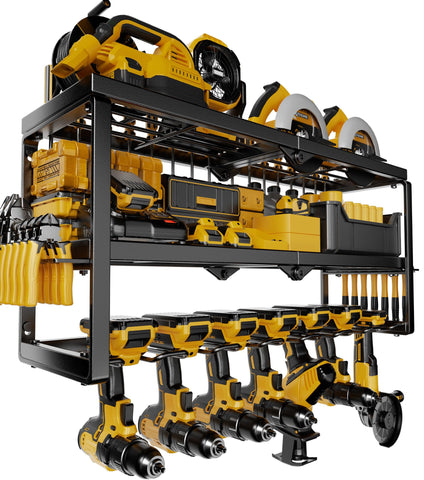 Amoowis power tool organizer mounted on wall with seven drill holders for quick access.