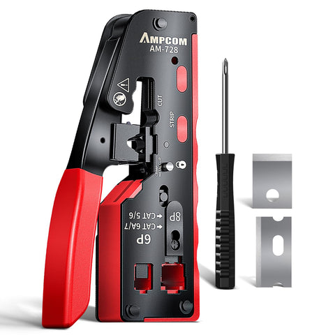 AMPCOM AM-728RD pass-through RJ45 crimp tool in full view for efficient terminations