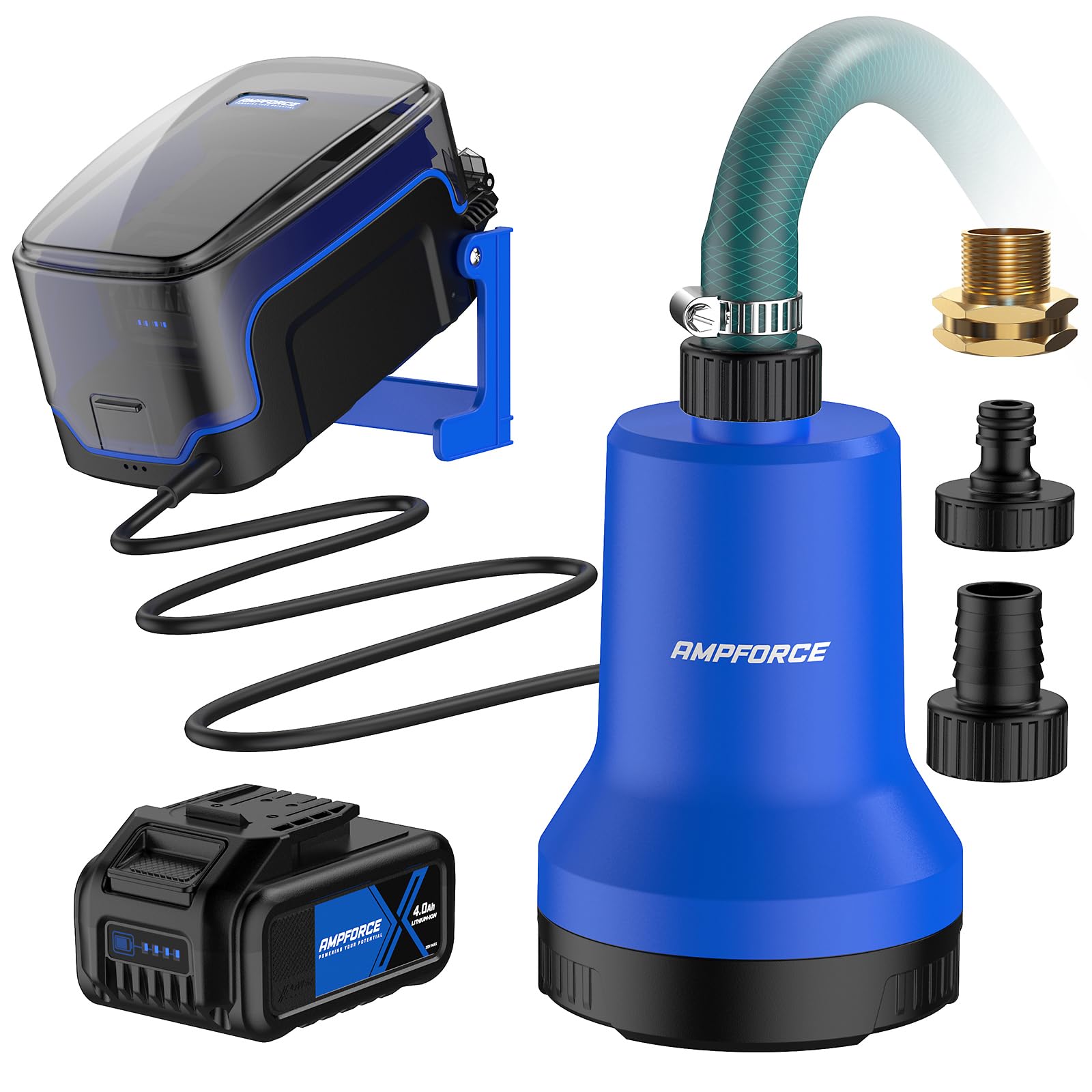 AMPFORCE 20V cordless submersible pump close-up showing compact design for flexible water transfer