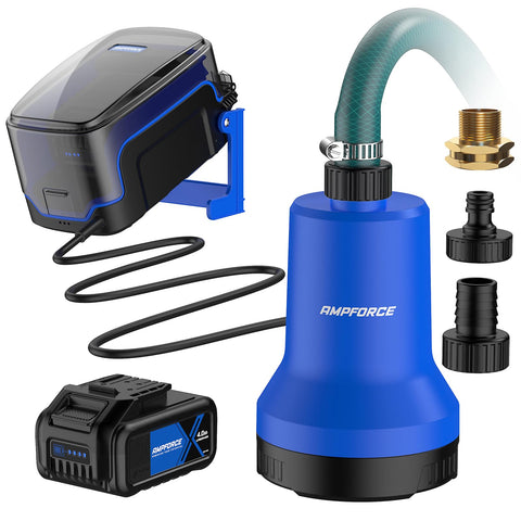 AMPFORCE 20V cordless submersible pump close-up showing compact design for flexible water transfer