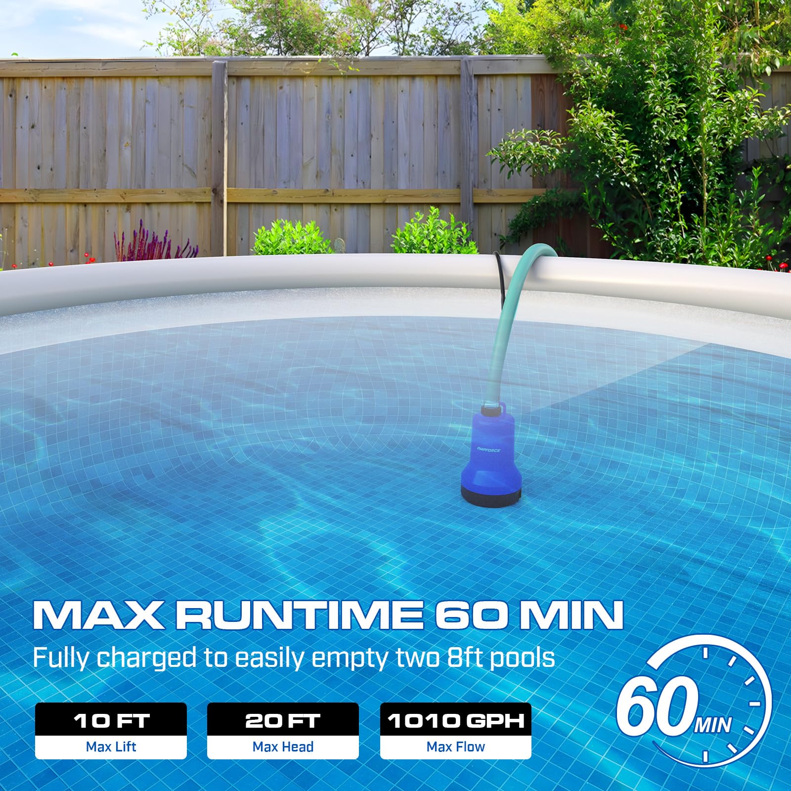 AMPFORCE portable water transfer pump used outdoors for pool and garden tasks