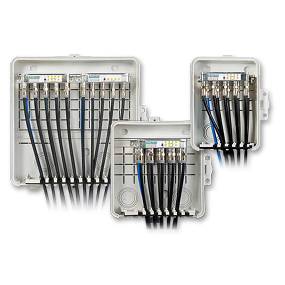 Amphenol Broadband enclosure with horizontal and vertical bosses for flexible mounting.