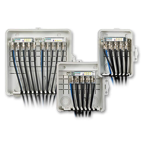 Amphenol Broadband enclosure with horizontal and vertical bosses for flexible mounting.