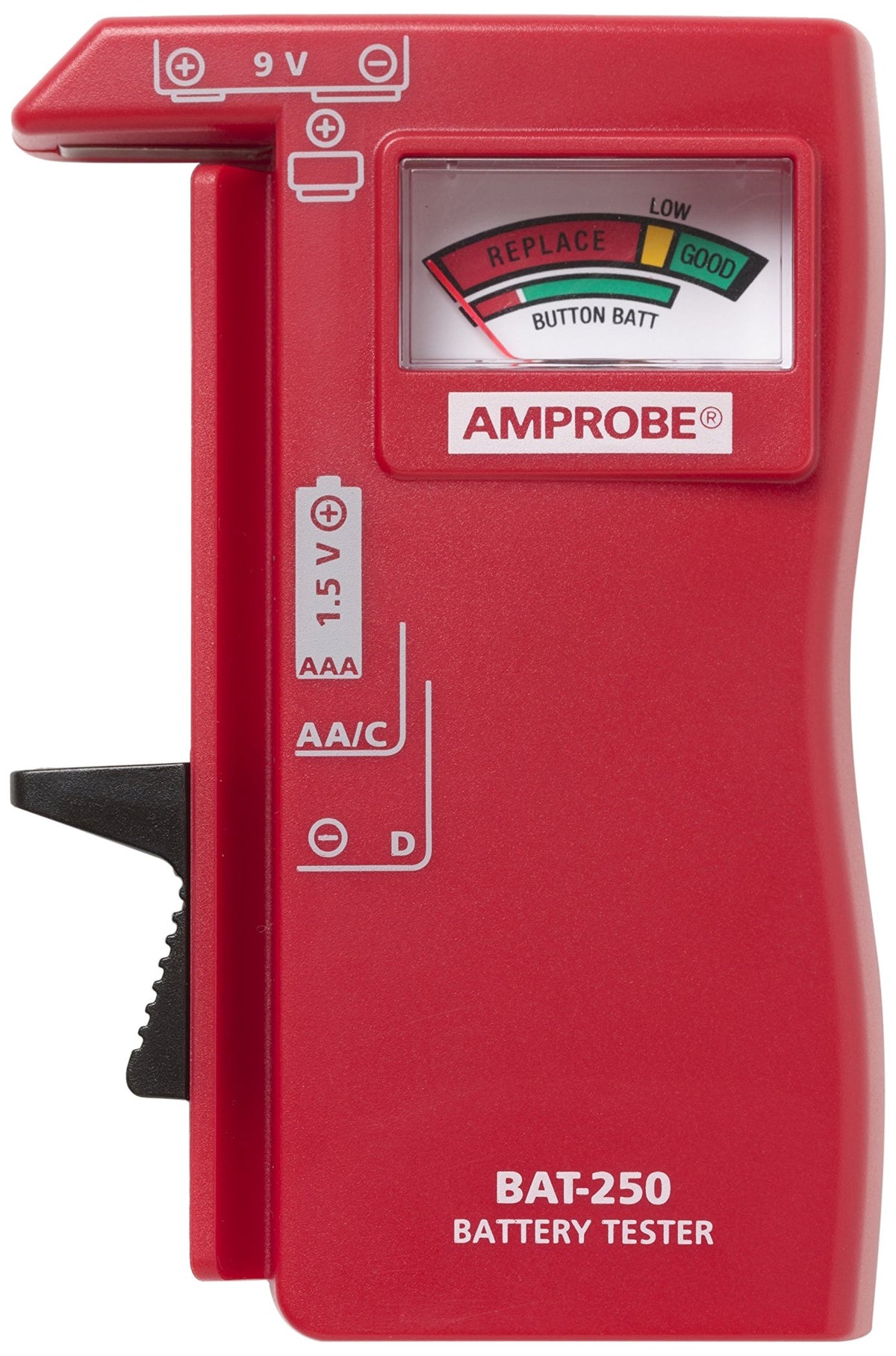 Amprobe BAT-250 front view showing compact, portable battery tester.