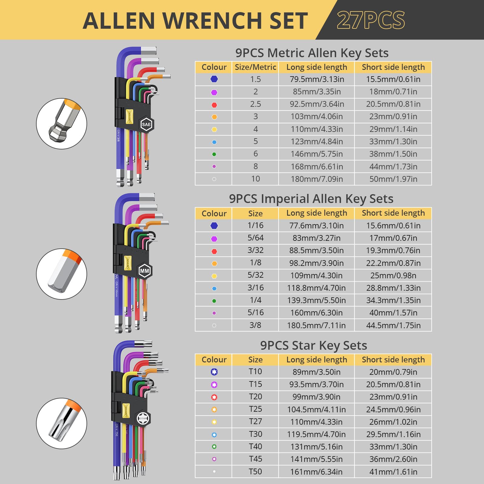 AMTOVL long-arm ball-end hex keys enable entry in tight spaces.