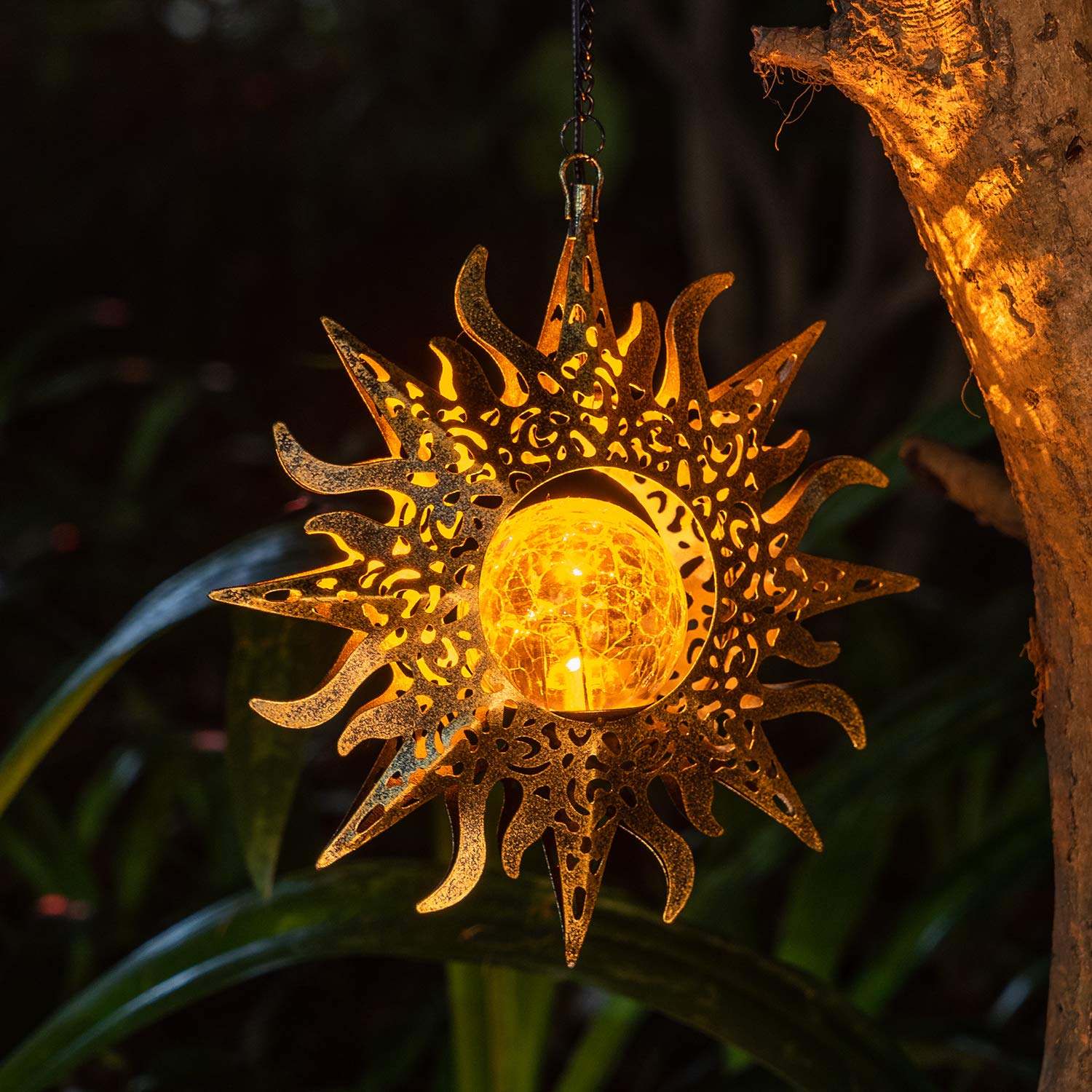 Amugmilk solar lantern with sunflower design glows softly for outdoor hanging decor.