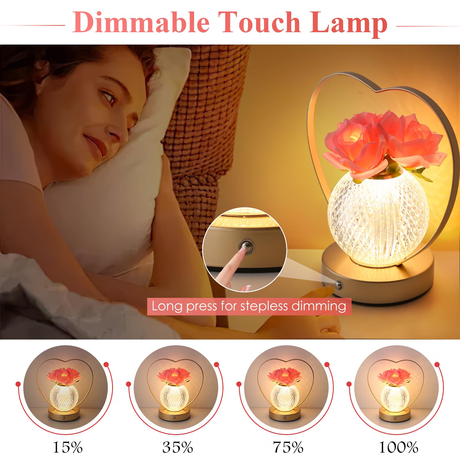 AMWGIMI Rose Flower Lamp metal base ensures durable bedside lighting