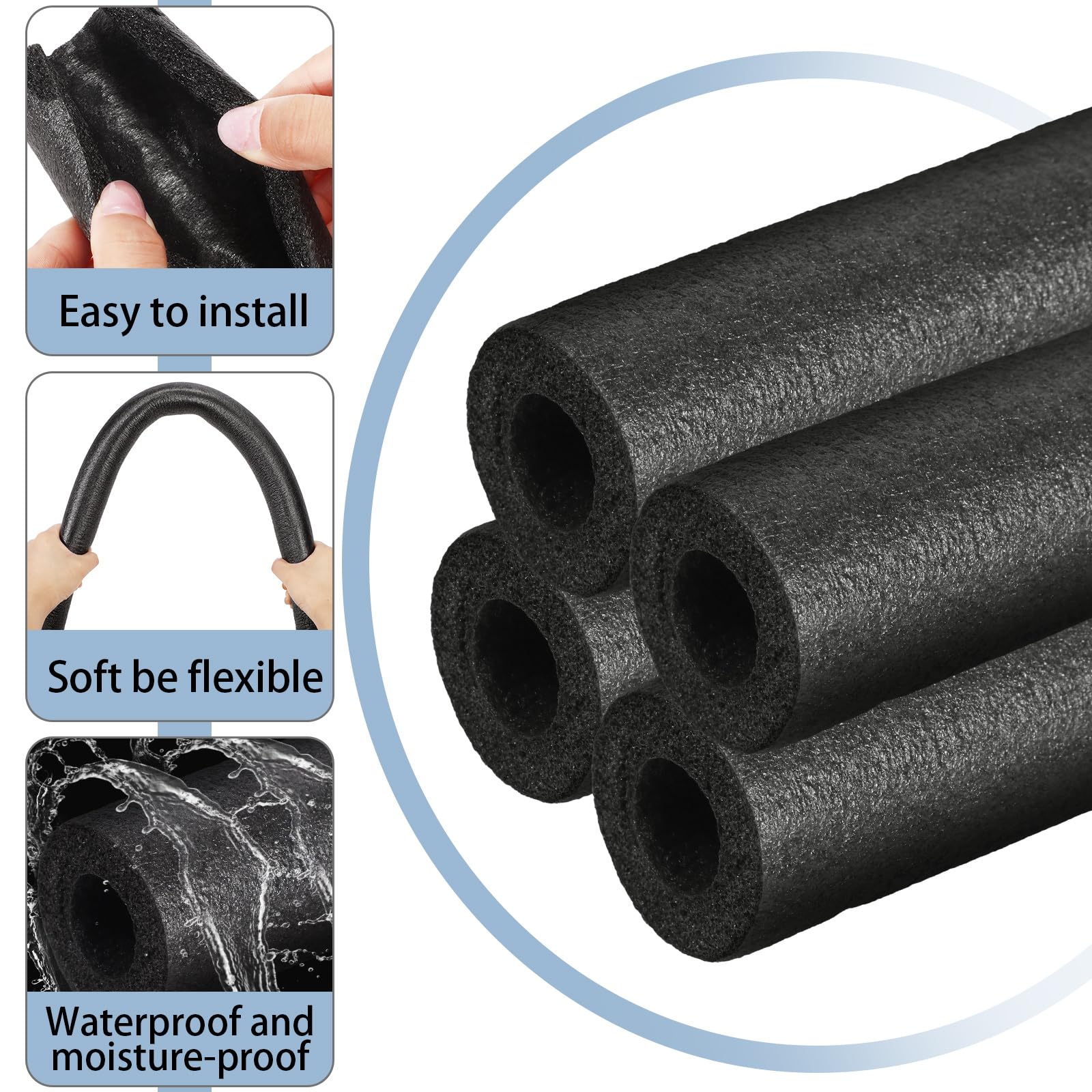 Amylove 3/4-inch black foam insulation protecting outdoor pipes from cold.