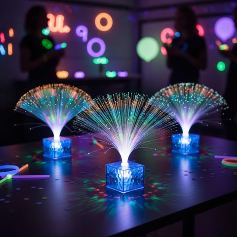 Amylove wedding decor blue fiber-optic lamps add magical ambiance.