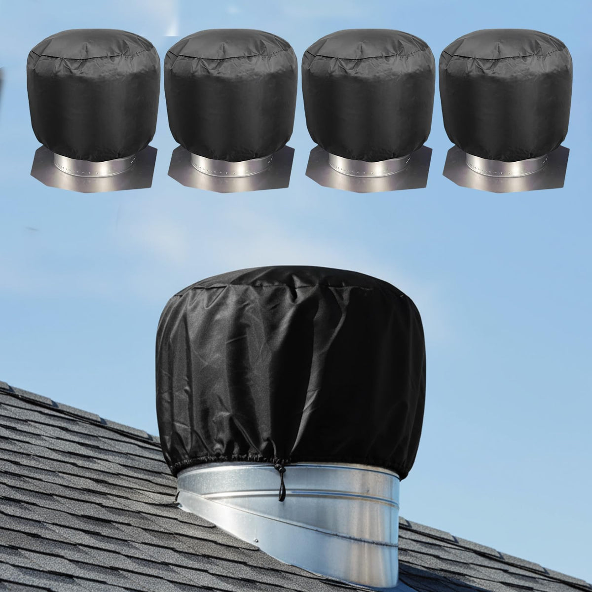 Amylove wind turbine roof vent cover 20x20 on roof protects vent from dust and water.