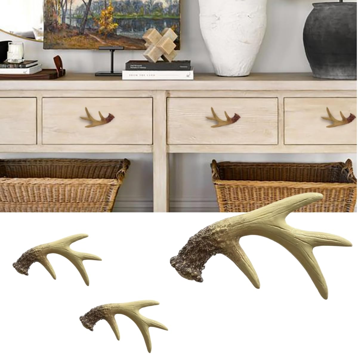 Amyoxu antlers drawer pulls with deer-horn resin knobs add rustic charm.