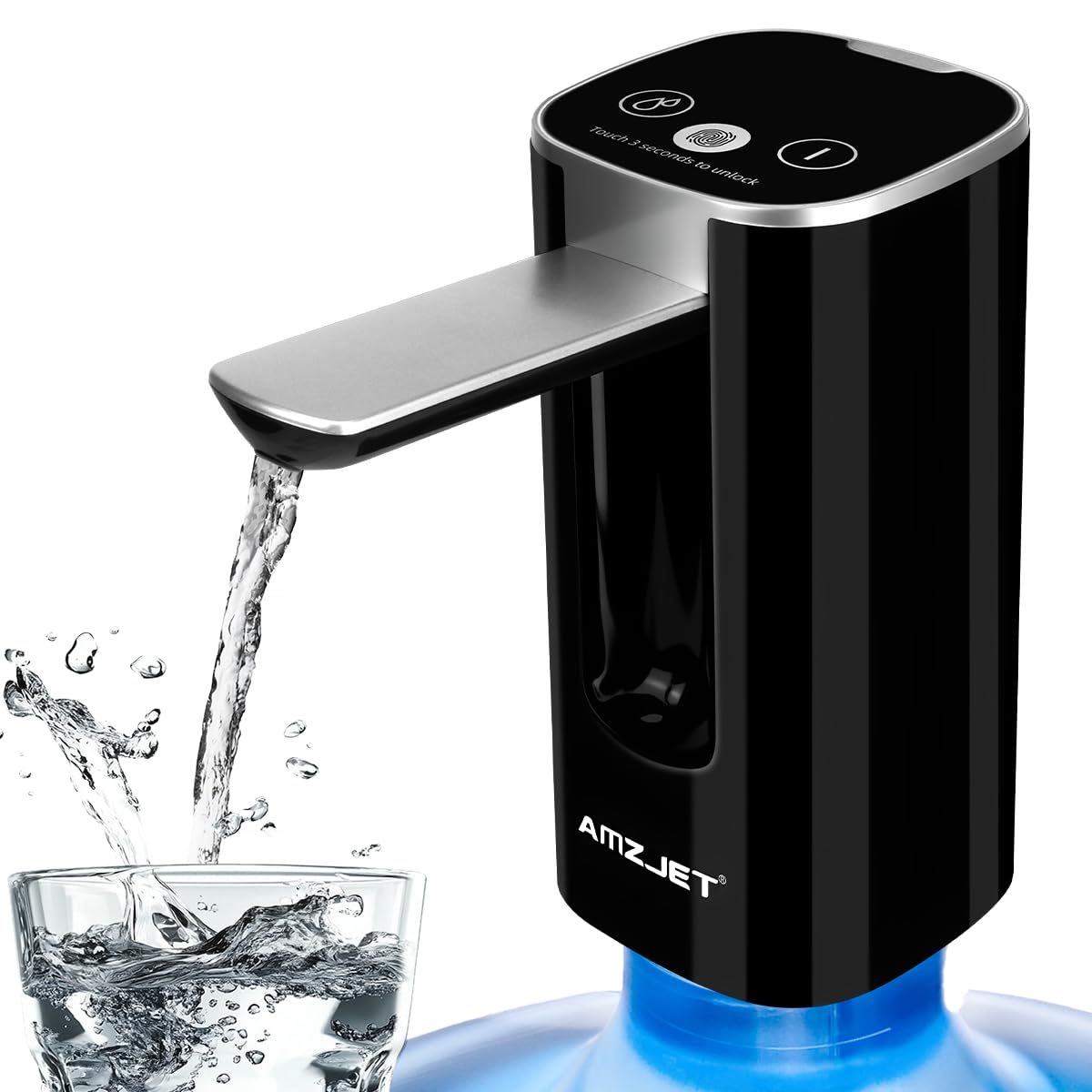 Amz Jet water dispenser on a 5-gallon bottle for quick hydration at home.