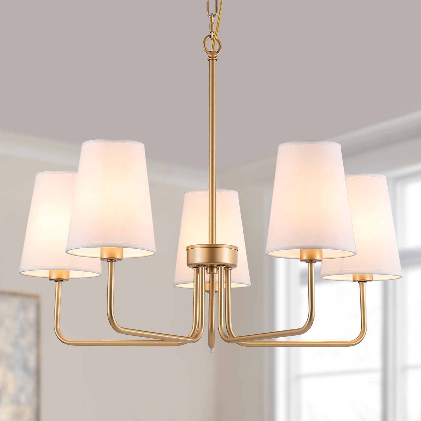 AMZASA Farmhouse chandelier with five lights and golden finish for warm dining ambiance.