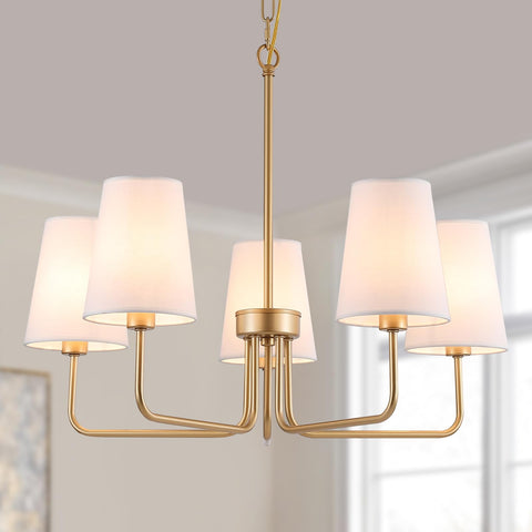 AMZASA Farmhouse chandelier with five lights and golden finish for warm dining ambiance.