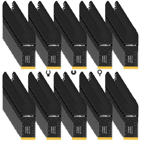 AMZBSAW 200-piece blades kit for oscillating tools, versatile for wood, metal, and plastic.
