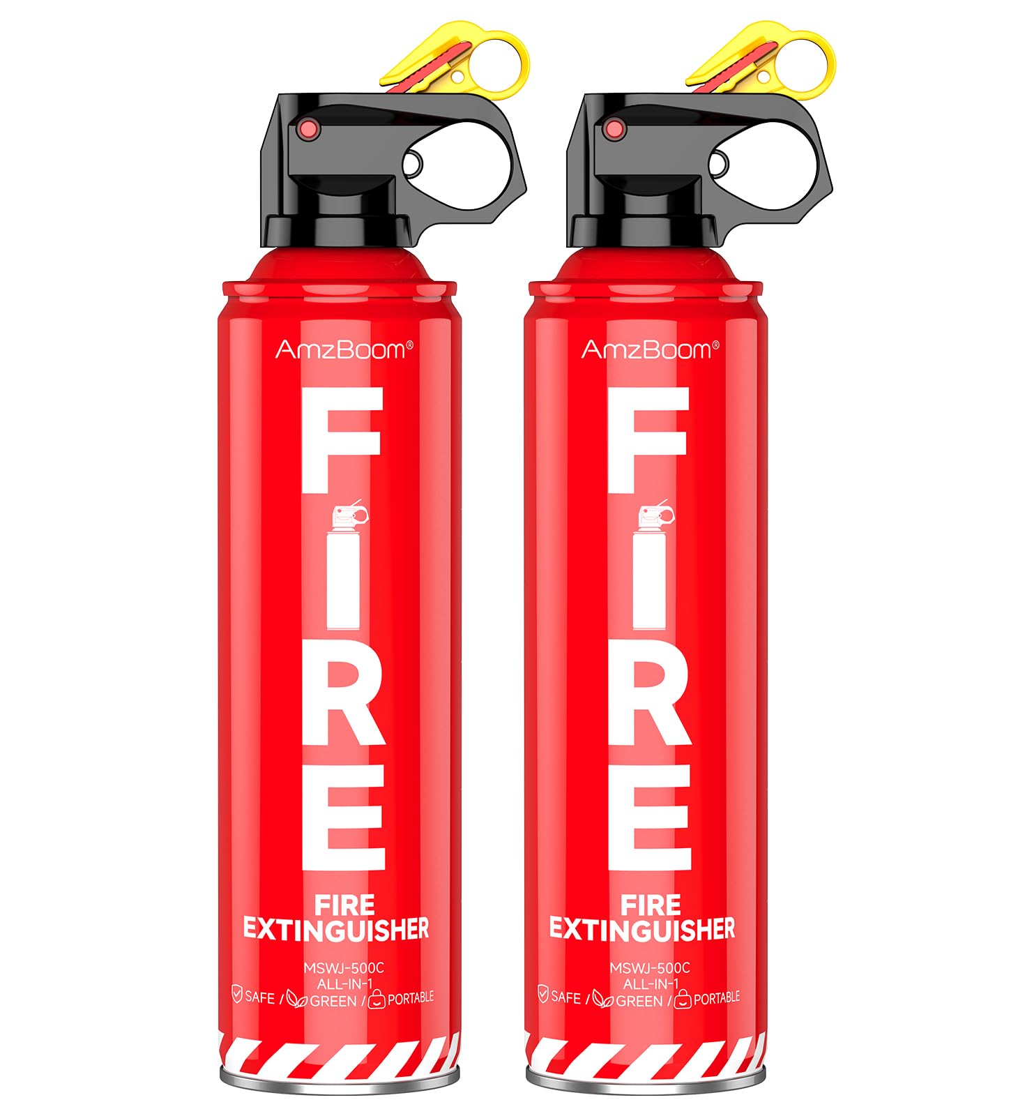 AmzBoom 2-pack fire extinguishers with mounting brackets for easy access in home or car.