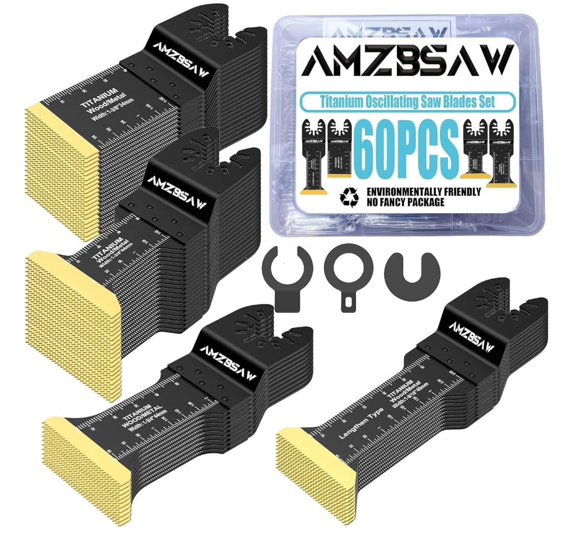 AMZBSAW 60pcs titanium oscillating blades set for versatile metal, wood, and plastic cutting