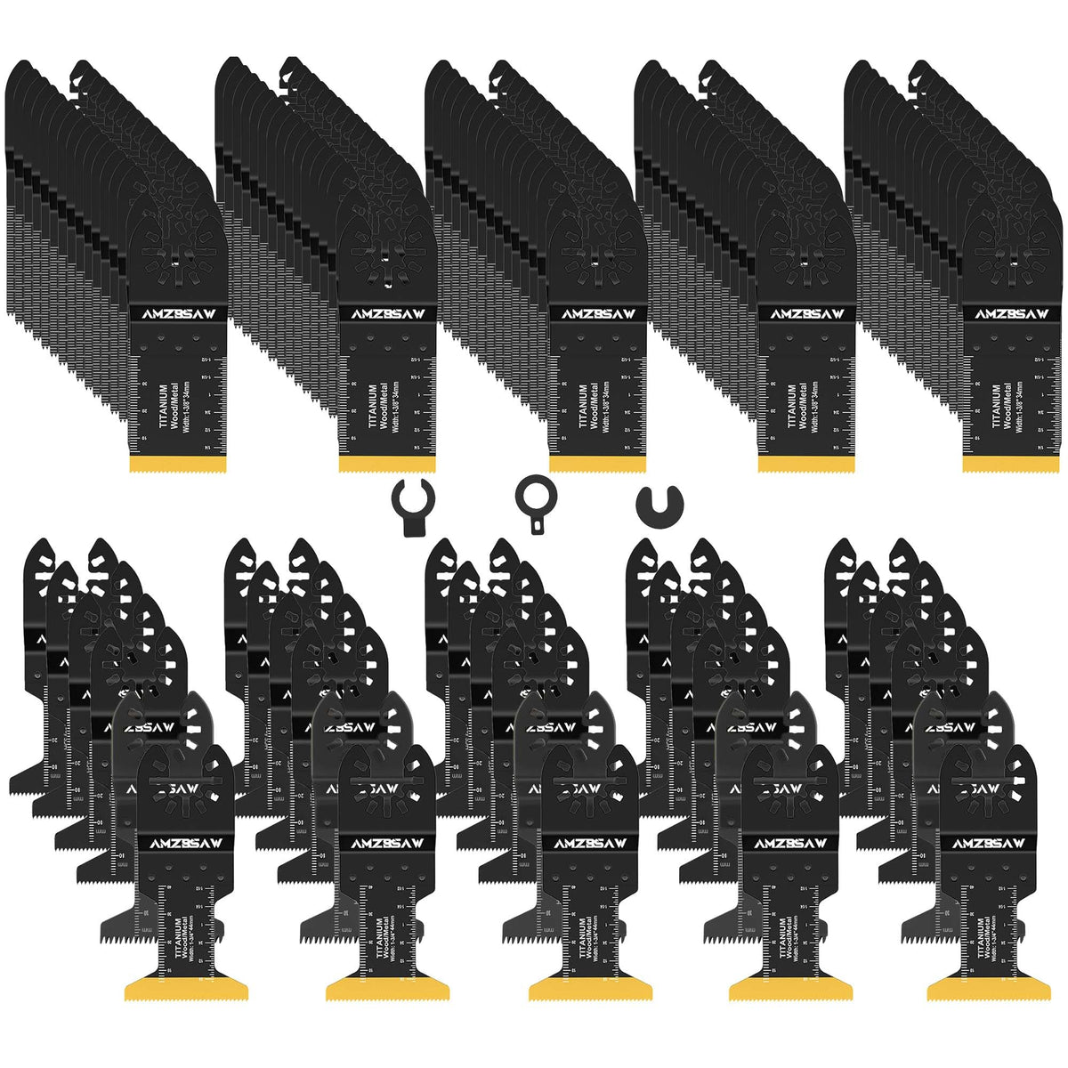 AMZBSAW 110-piece blade set for versatile wood, plastic, and metal cuts.