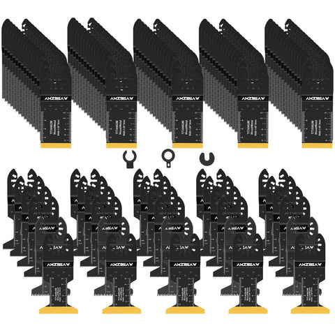 AMZBSAW 110-piece blade set for versatile wood, plastic, and metal cuts.