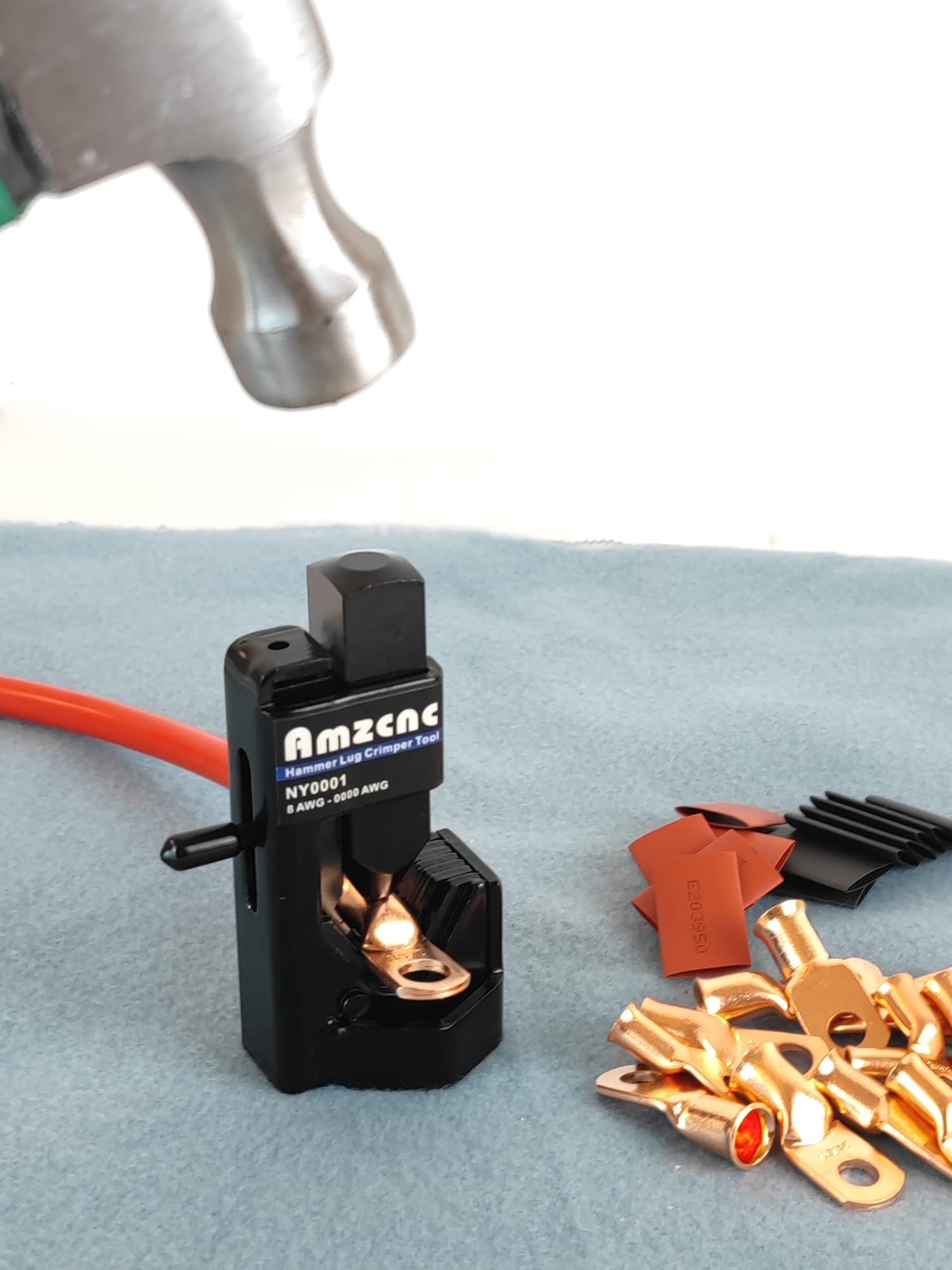 AMZCNC hammer lug crimper tool-workshop-session used in a busy garage setting.