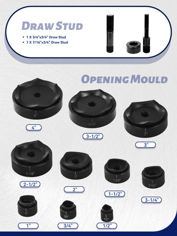 AMZCNC knockout die sets 1/2–4 inches enable precise conduit hole sizing.