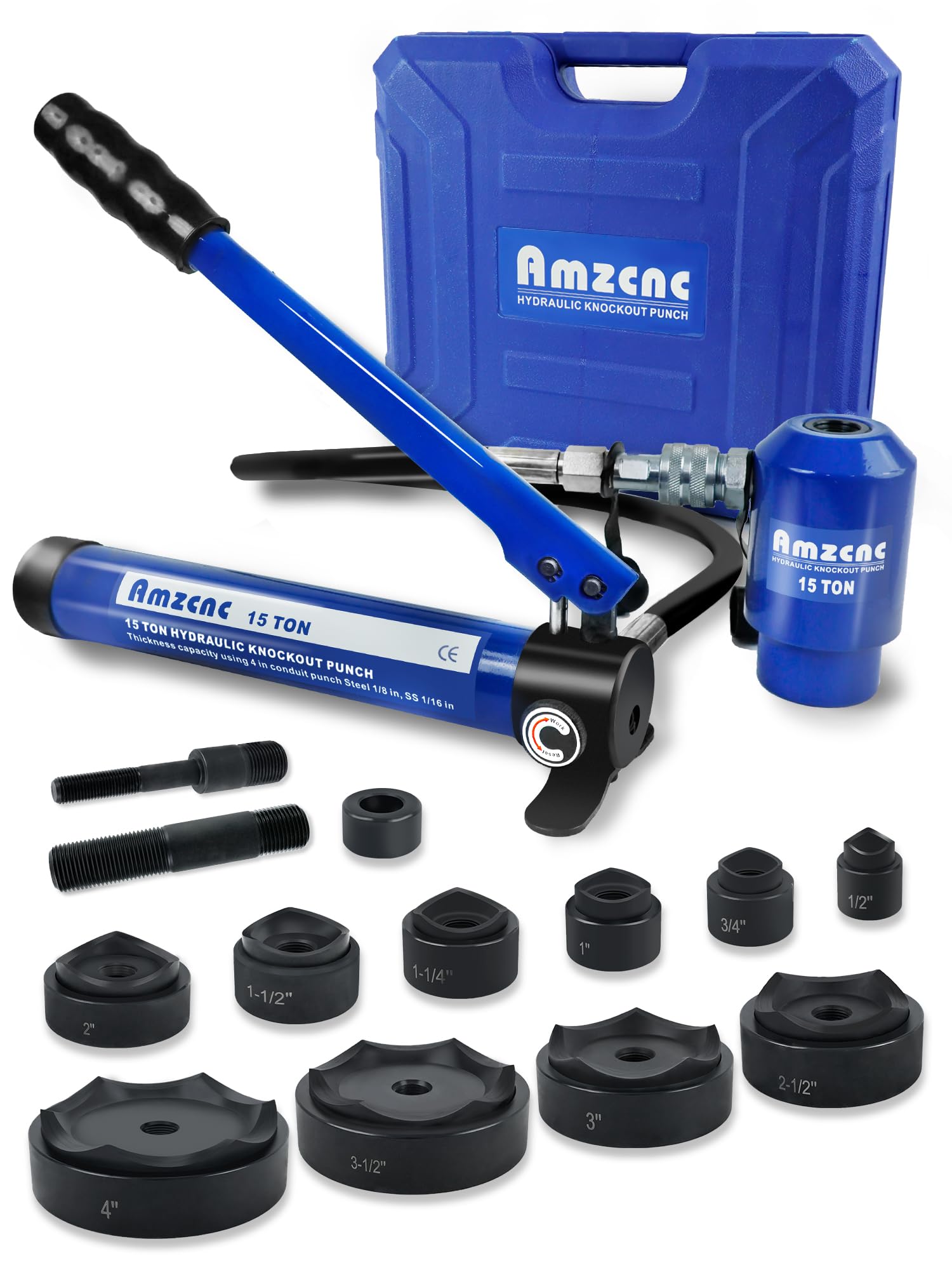 AMZCNC hydraulic knockout punch set shows range 1/2 to 4 inches for fast, clean holes.