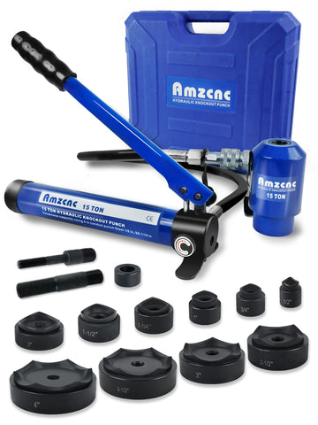 AMZCNC hydraulic knockout punch set shows range 1/2 to 4 inches for fast, clean holes.